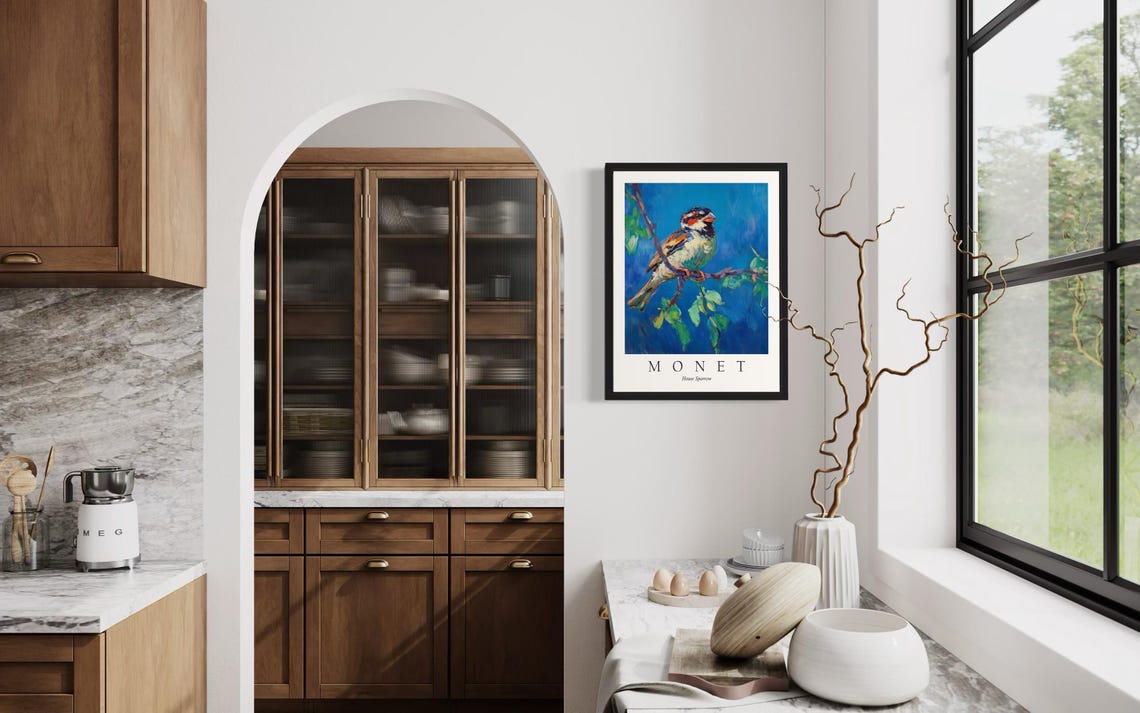 House Sparrow on Branch in Monet Style Impressionist Art Poster - Image 4