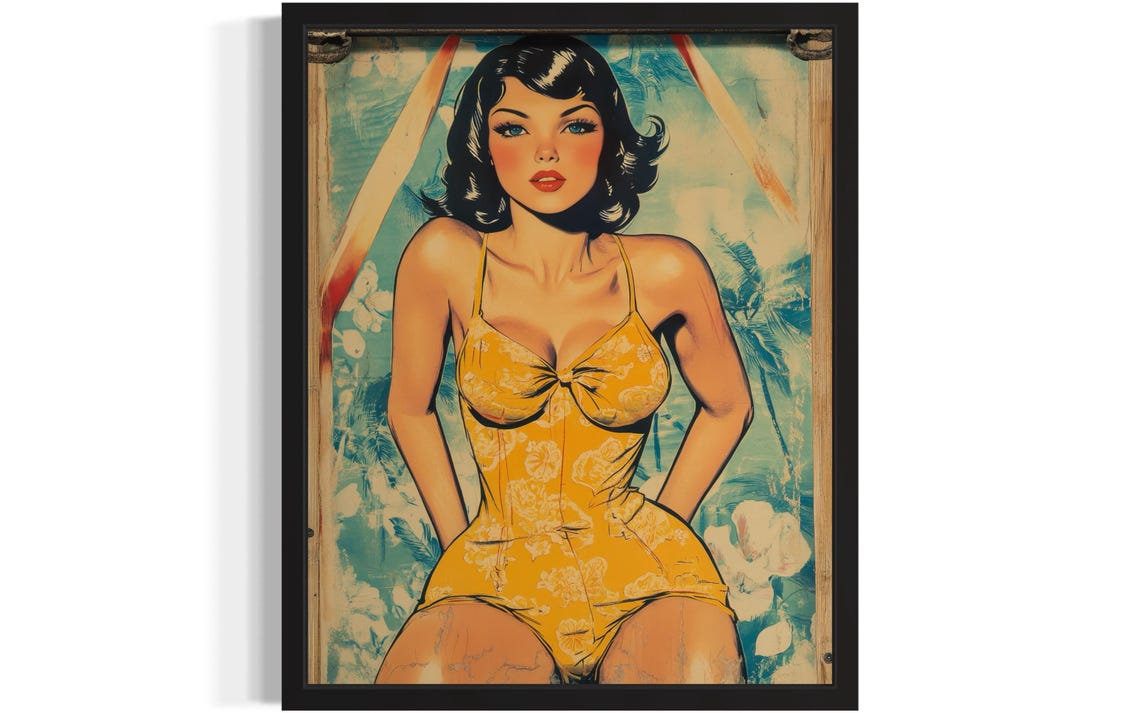 Classic Retro Pin Up Girl Yellow Swimsuit Tropical Art Poster