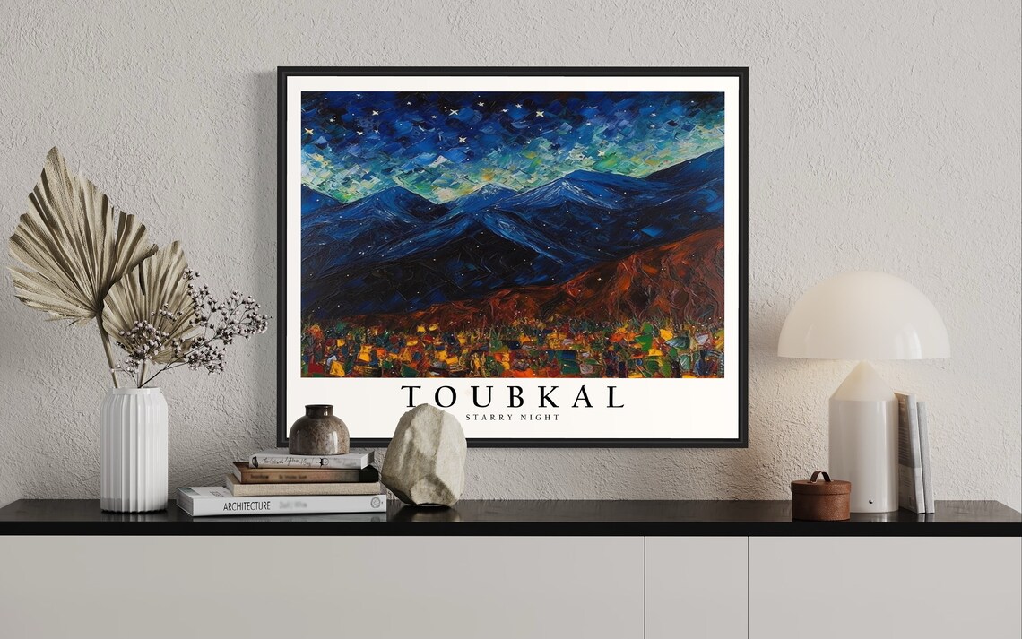 Toubkal Morocco Starry Night Atlas Mountain Village Art Poster - Image 2