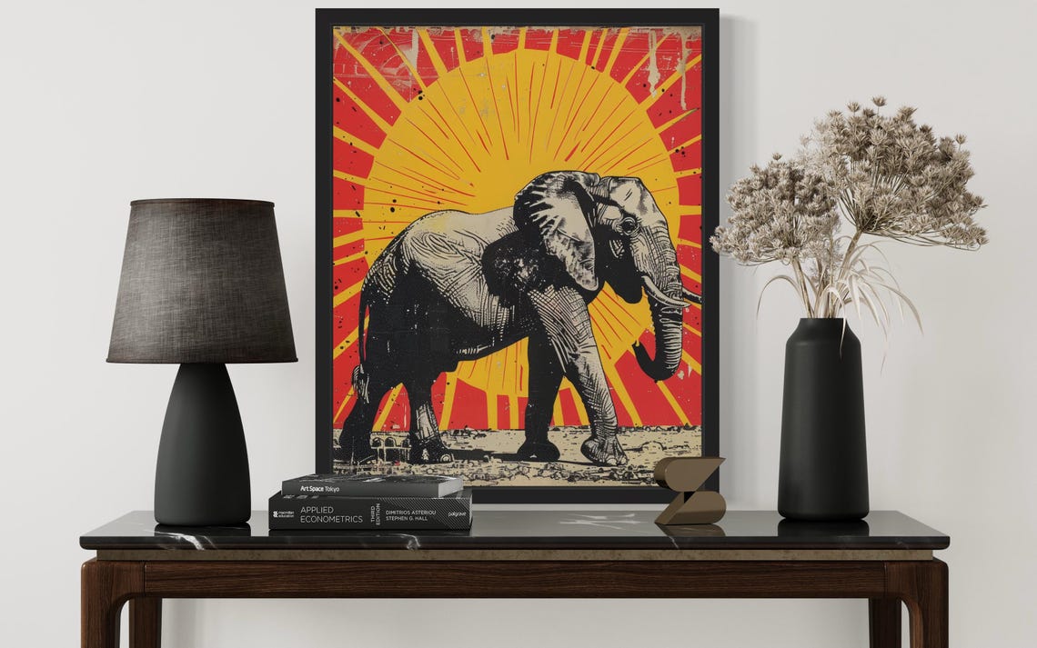 African Elephant Walking Against a Red Sunburst Pop Art Poster - Image 2