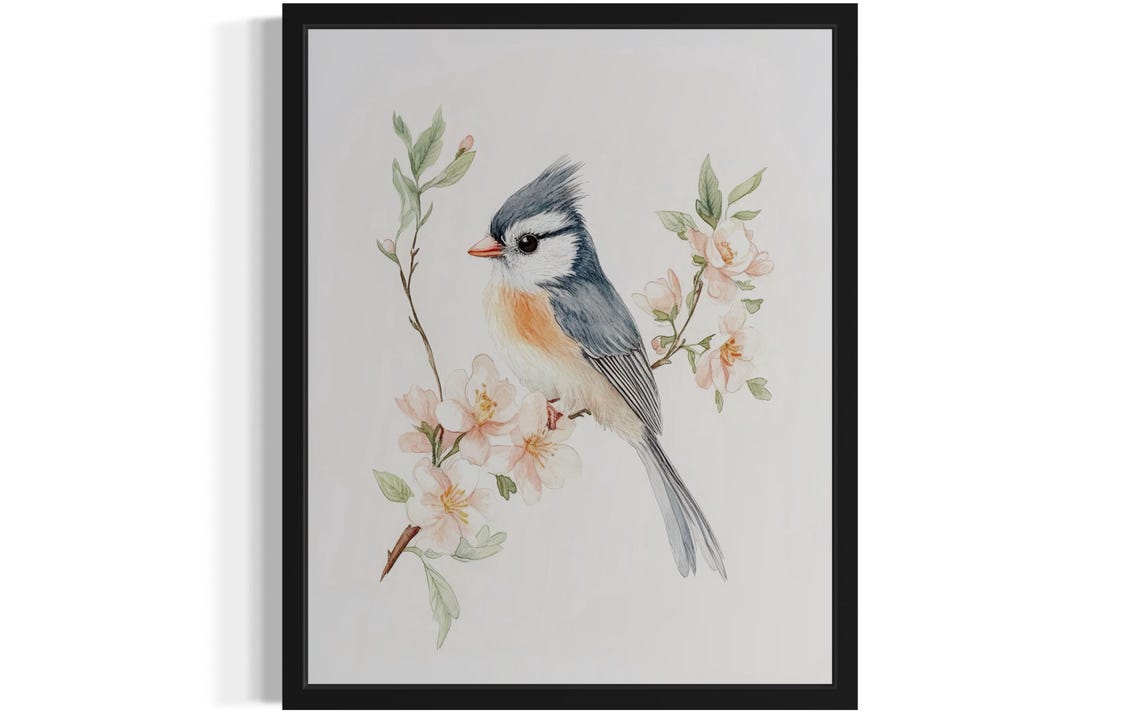 Tufted Titmouse On Blossom Branch Watercolor Bird Art Poster