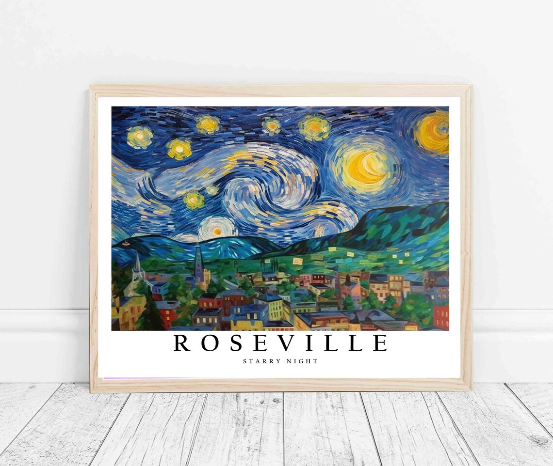 Roseville California Starry Night Art Print Van Gogh Roseville Poster Wall Art Original Roseville Painting Decor - Image 3