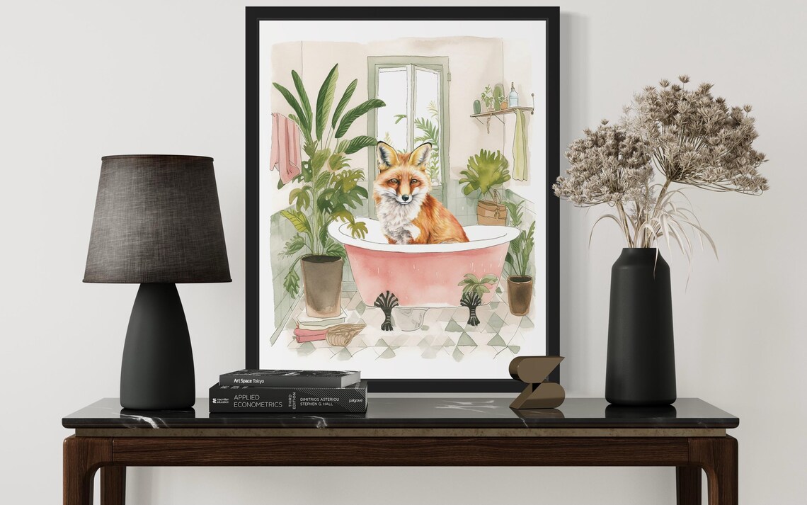 Red Fox Relaxing in a Pink Clawfoot Tub Watercolor Bathroom Poster - Image 2