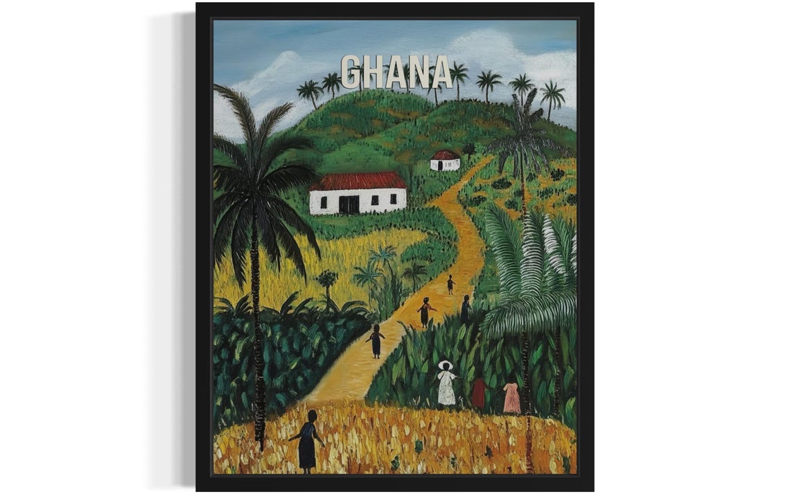 Ghana Palm Lined Hill Path Village Scene Naive Folk Art Poster