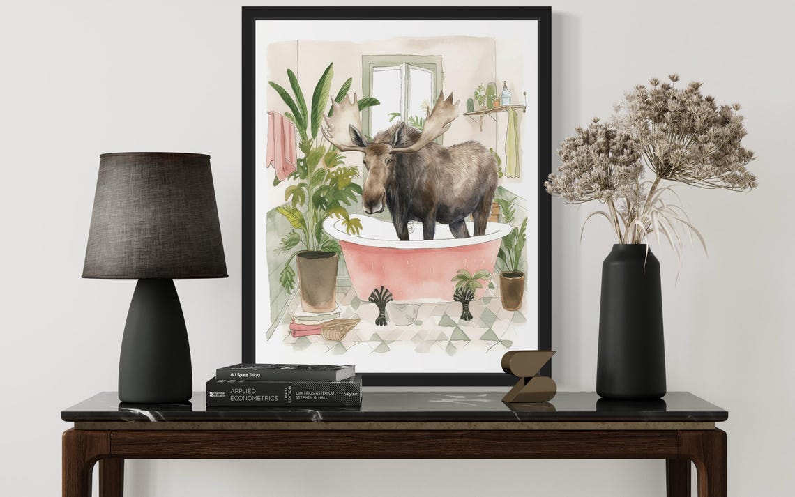Moose Standing in a Pink Bathtub Funny Watercolor Bathroom Poster - Image 2