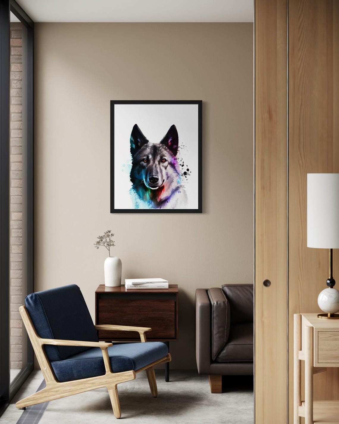 Norwegian Elkhound Dark Coat Colorful Watercolor Portrait Poster - Image 2