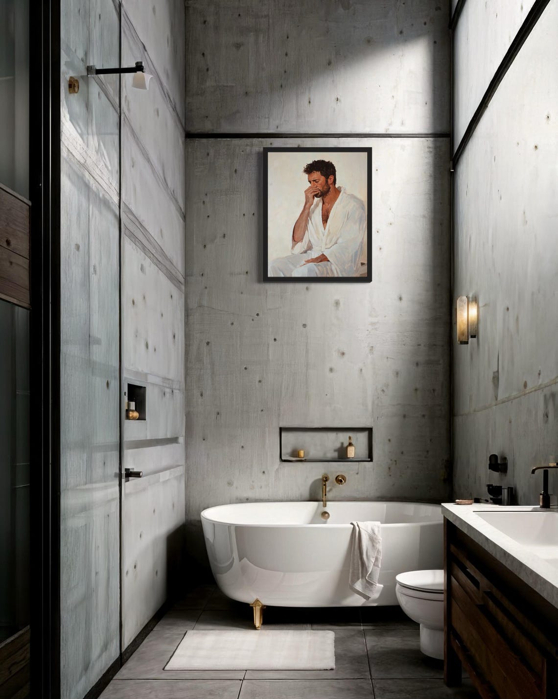 Bearded Man in White Robe Holding Nose Funny Bathroom Poster - Image 2
