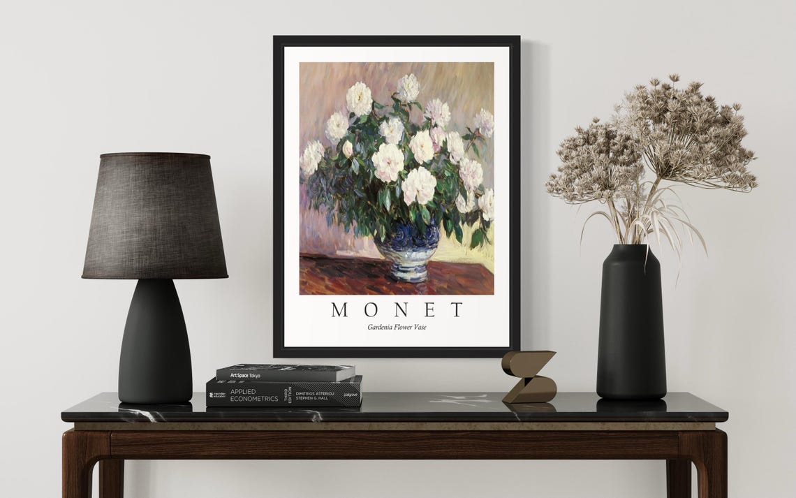 White Gardenias in a Blue Vase Monet Style Fragrant Floral Poster - Image 3