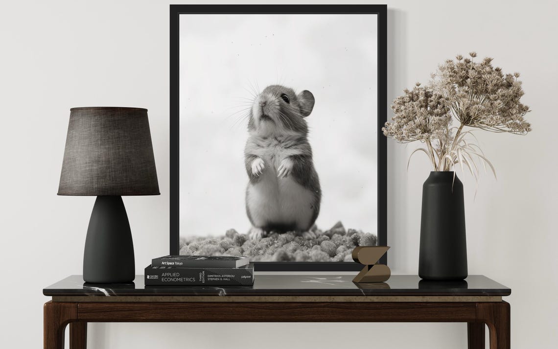 Cute Hamster Standing Upright on Pebbles Black White Photo Poster - Image 3