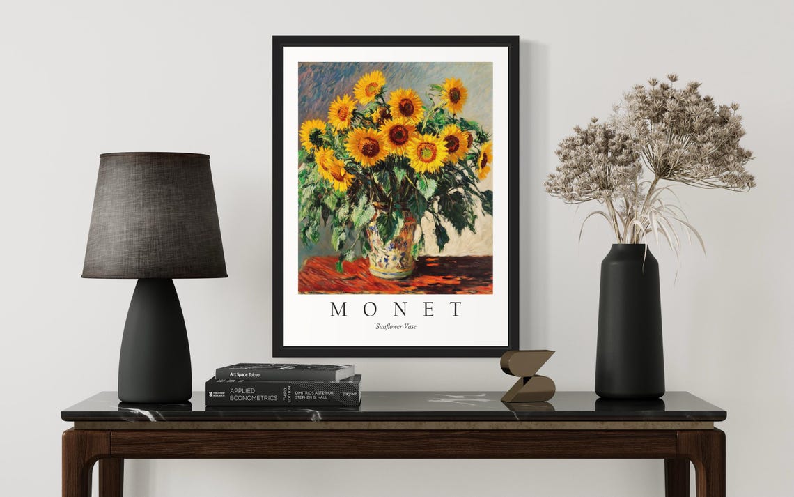 Sunflower Vase Bright Yellow Blooms Rustic Table Monet Art Poster - Image 3