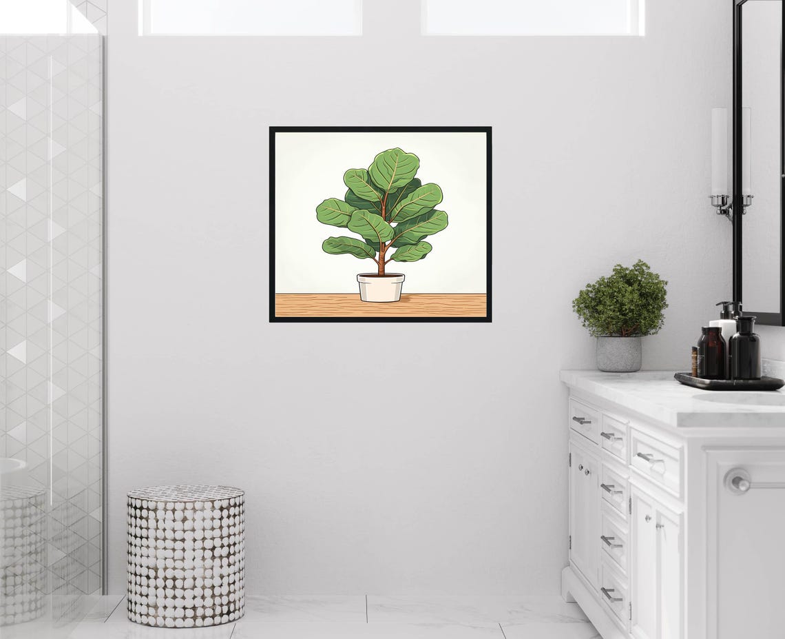 Fiddle Leaf Fig Plant White Pot Wooden Shelf Botanical Art Poster - Image 2