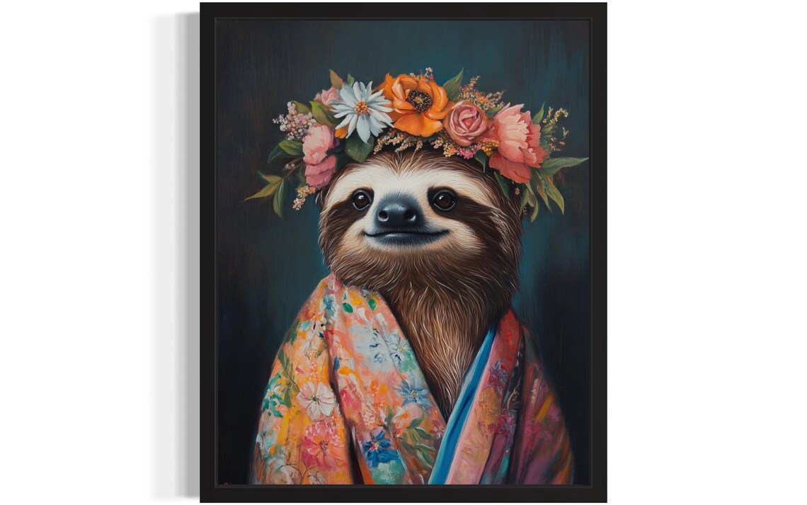 Smiling Sloth Orange Flower Crown Floral Kimono Fine Art Decor Poster