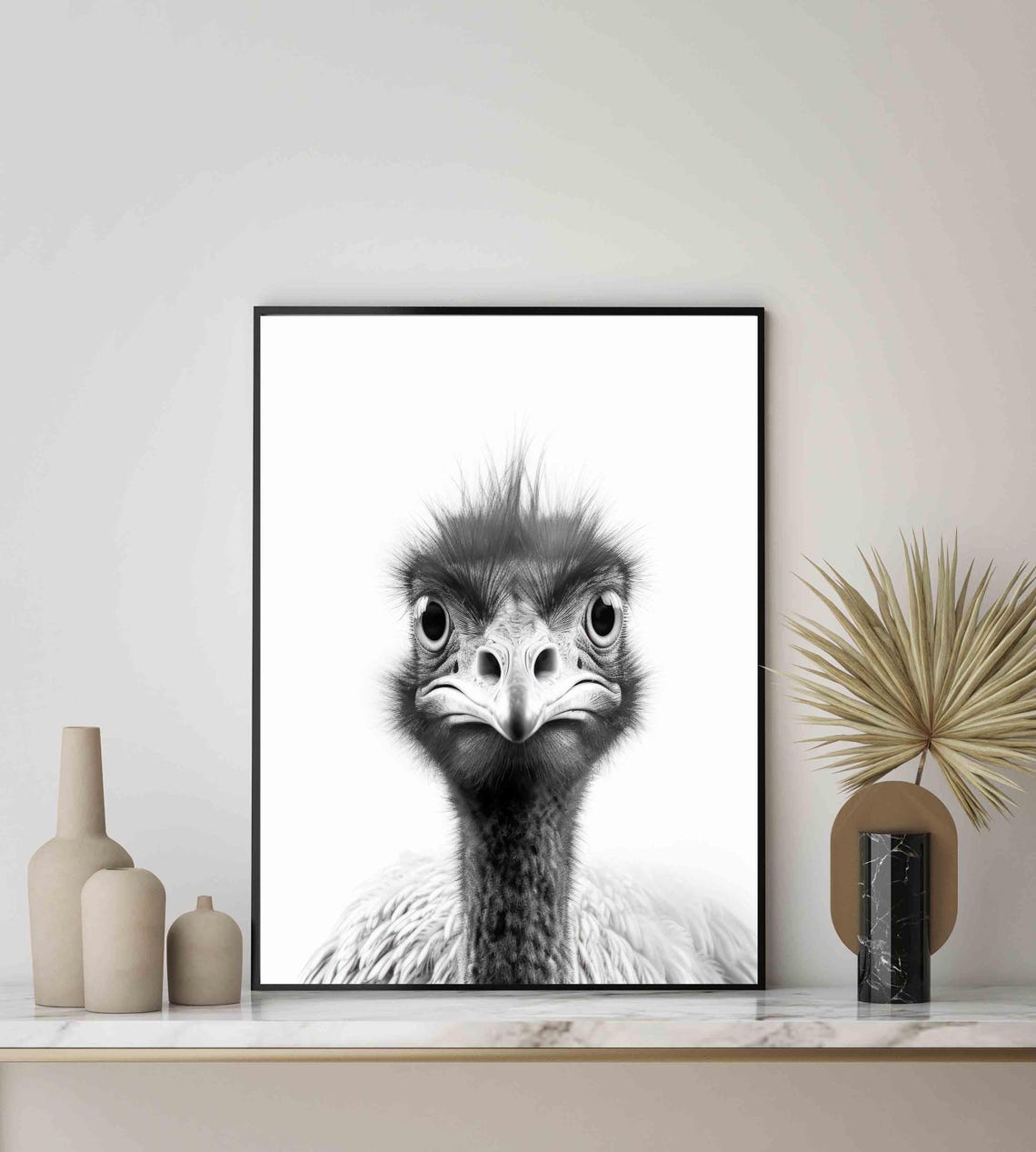 Goofy Wide-Eyed Flightless Bird Face Close Up Black and White Poster - Image 4