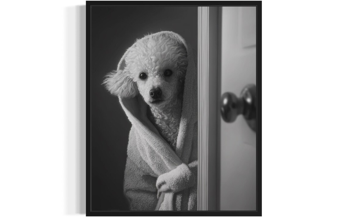 Poodle Bathrobe Peeking Behind Door Funny Dog Bathroom Art Poster