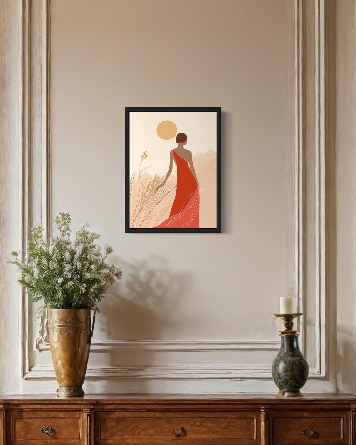 Graceful Woman in Red Dress Walking Minimalist Boho Art Poster - Image 2