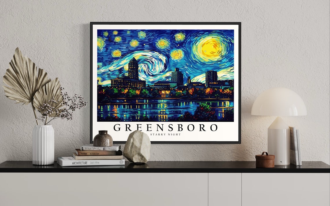 Greensboro Starry Night Skyline Lake Reflection City Night Poster - Image 2