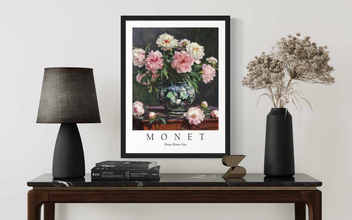 Pink and White Peonies in a Vase Monet Style Spring Flower Poster - Image 3