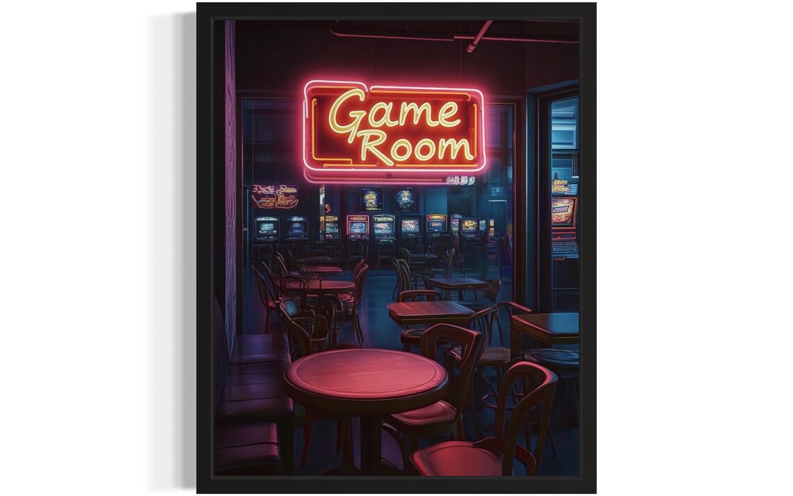 Moody Neon Game Room Sign in Dark Retro Arcade Interior Poster