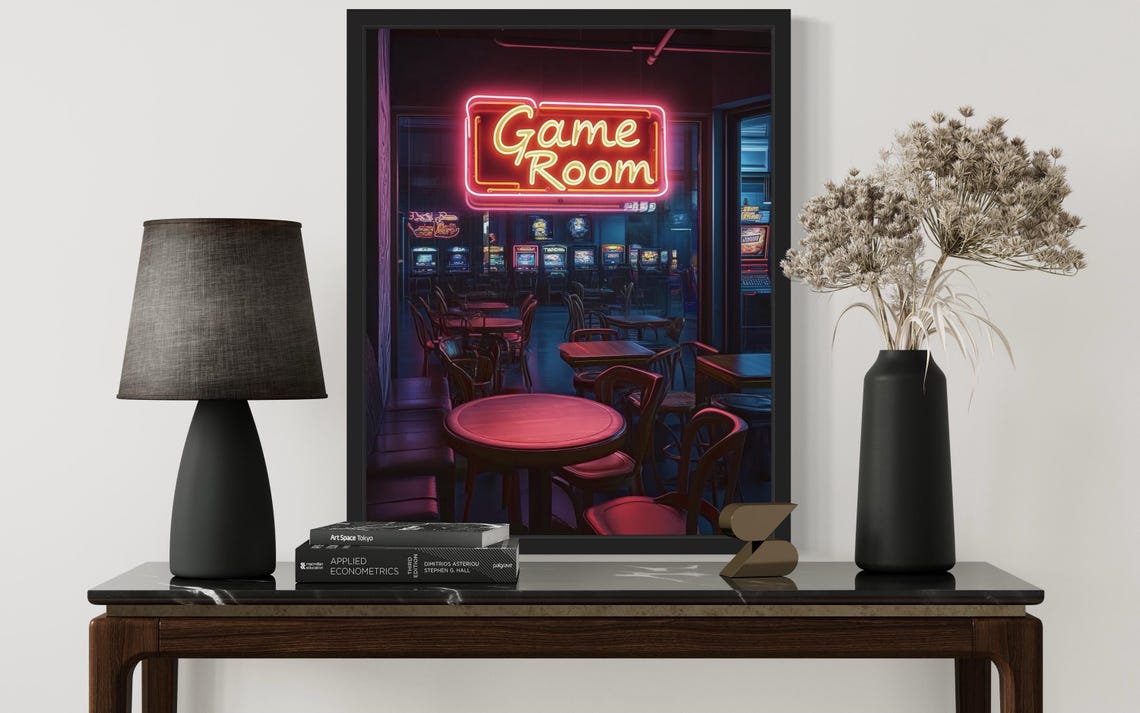 Moody Neon Game Room Sign in Dark Retro Arcade Interior Poster - Image 3