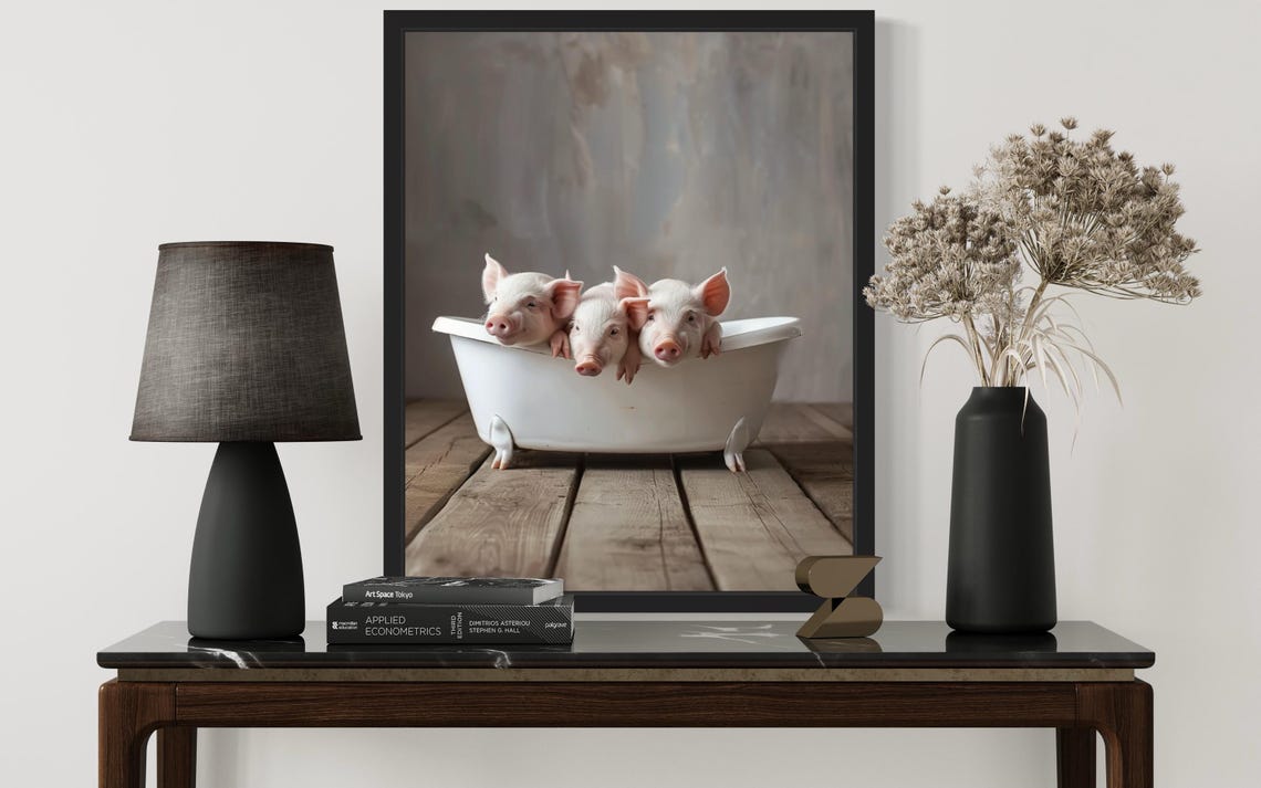 Three Pink Piglets Lined Up In Vintage Bathtub Funny Animal Poster - Image 2