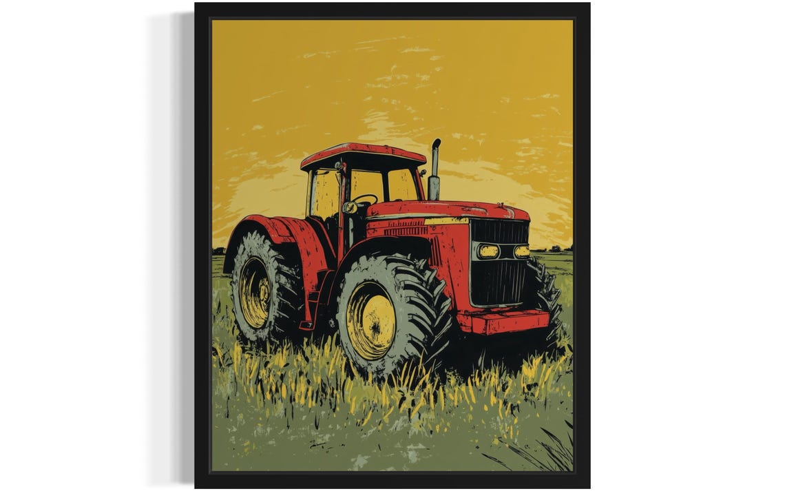 Vintage Red Tractor Rural Field Golden Sunset Farm Pop Art Poster
