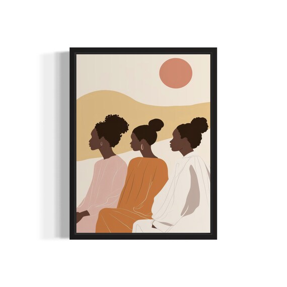 Three Women Sunset Silhouettes Warm Boho Minimalist Art Print