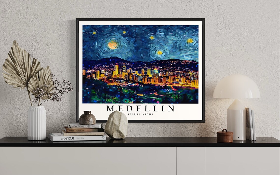 Medellin Colombia Starry Night Valley City Lights Glowing Night Art Poster - Image 2