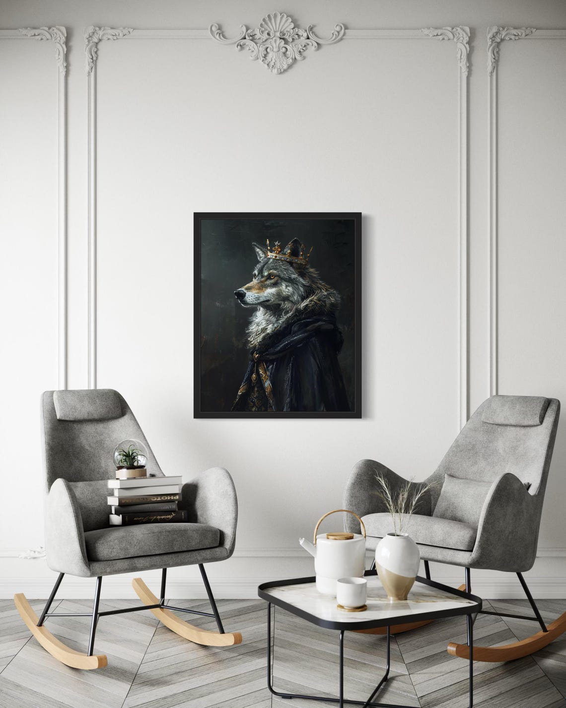 Crowned Gray Wolf King In Gold Embroidered Robe Gothic Portrait Poster - Image 3