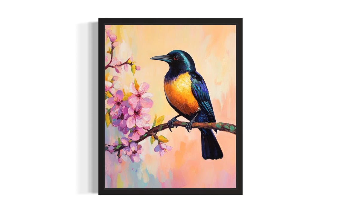 Common Grackle Songbird With Pink Cherry Blossoms Floral Poster