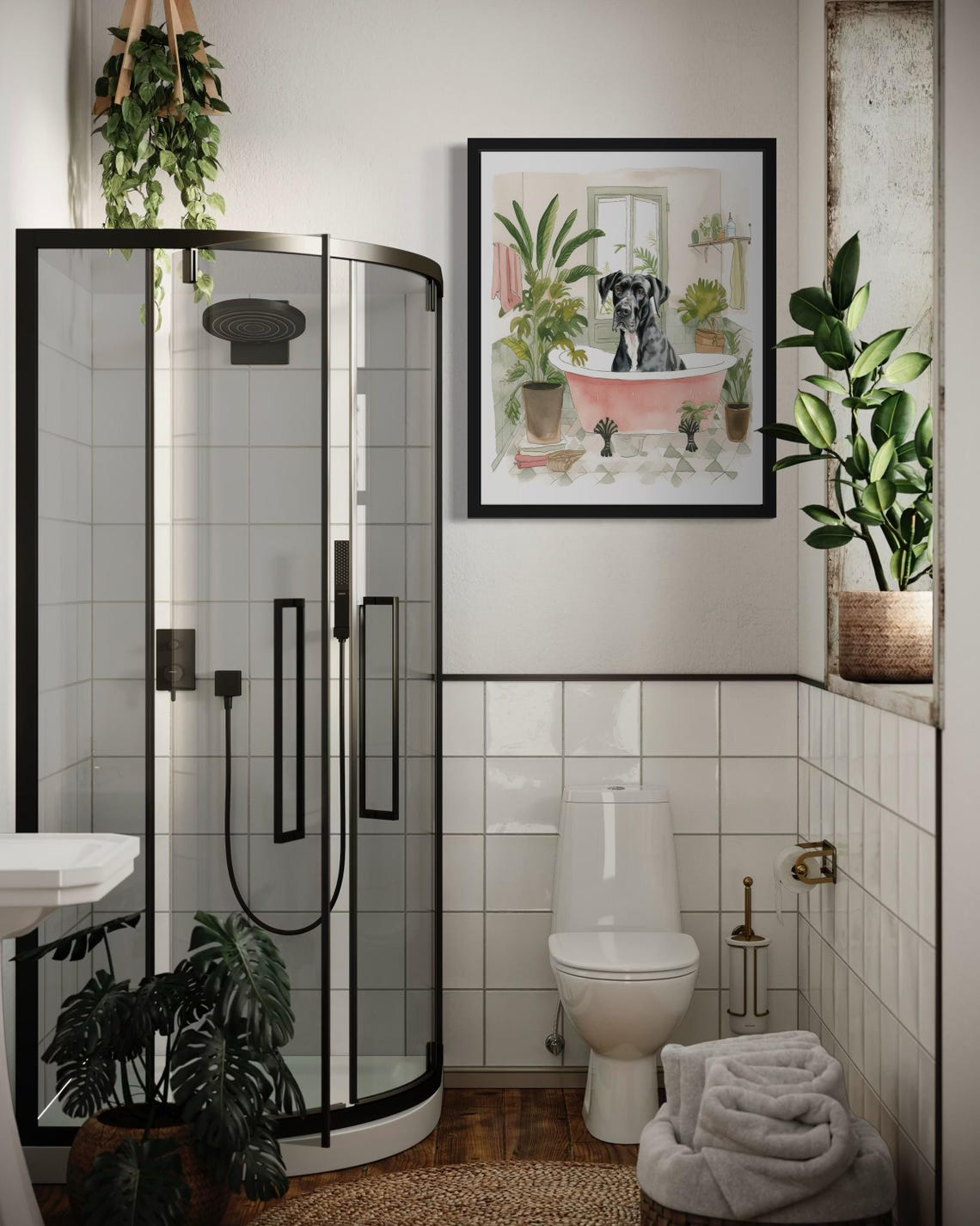 Great Dane Dog Bath Time Pink Clawfoot Tub Botanical Art Poster - Image 4