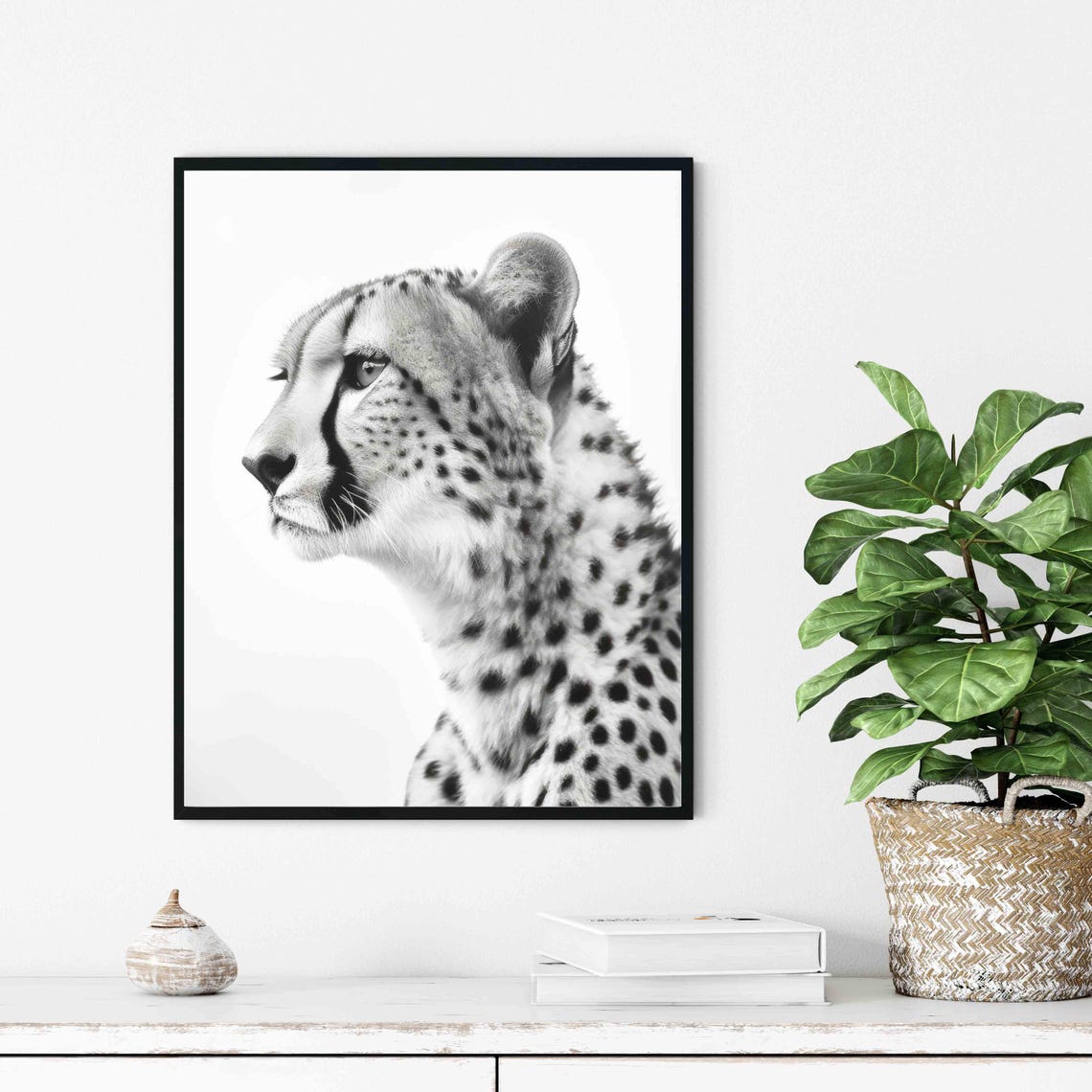 Graceful Cheetah in Profile Black and White Wildlife Portrait Poster - Image 3