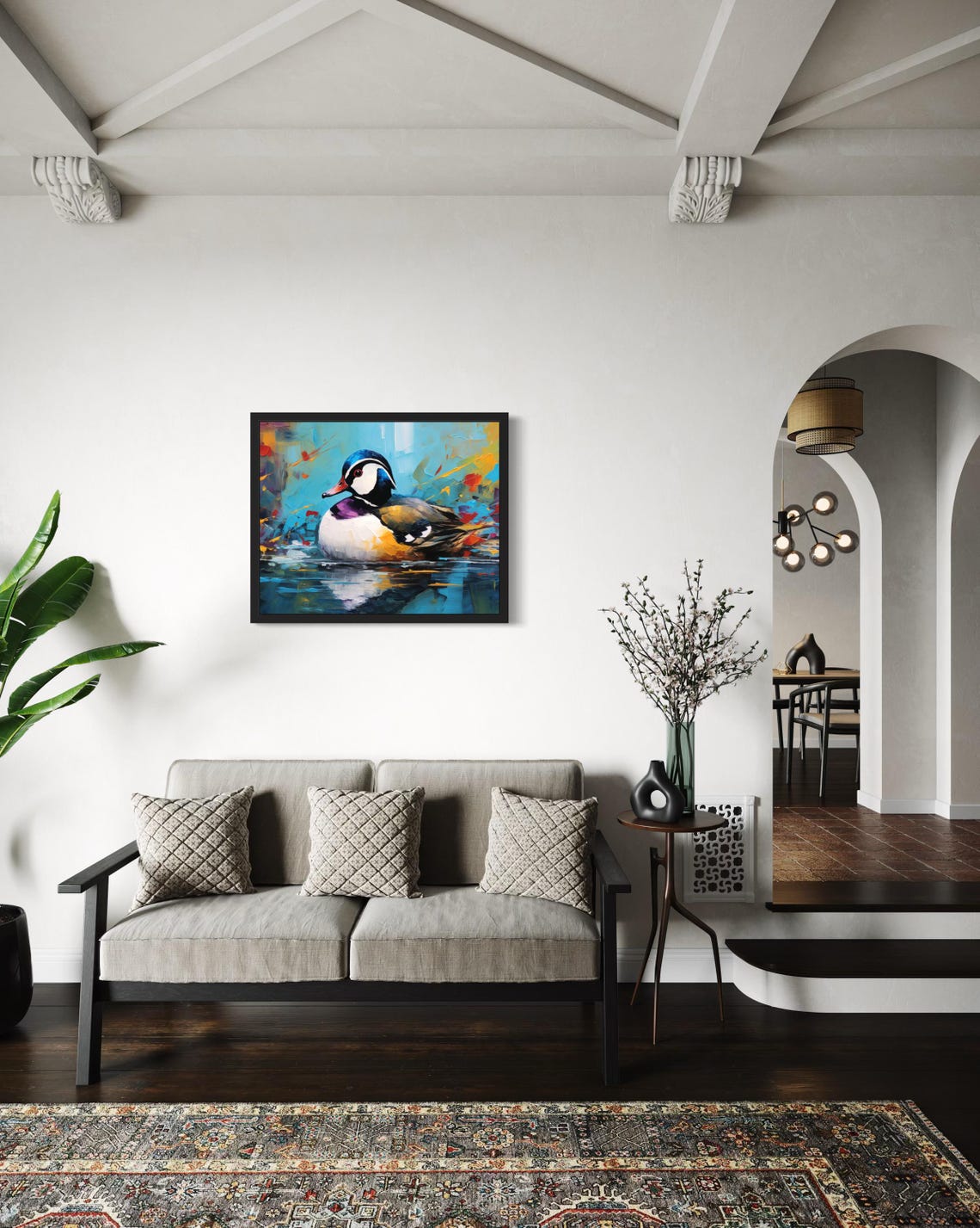 Mandarin Duck Swimming on Turquoise Water Original Painting Poster - Image 2