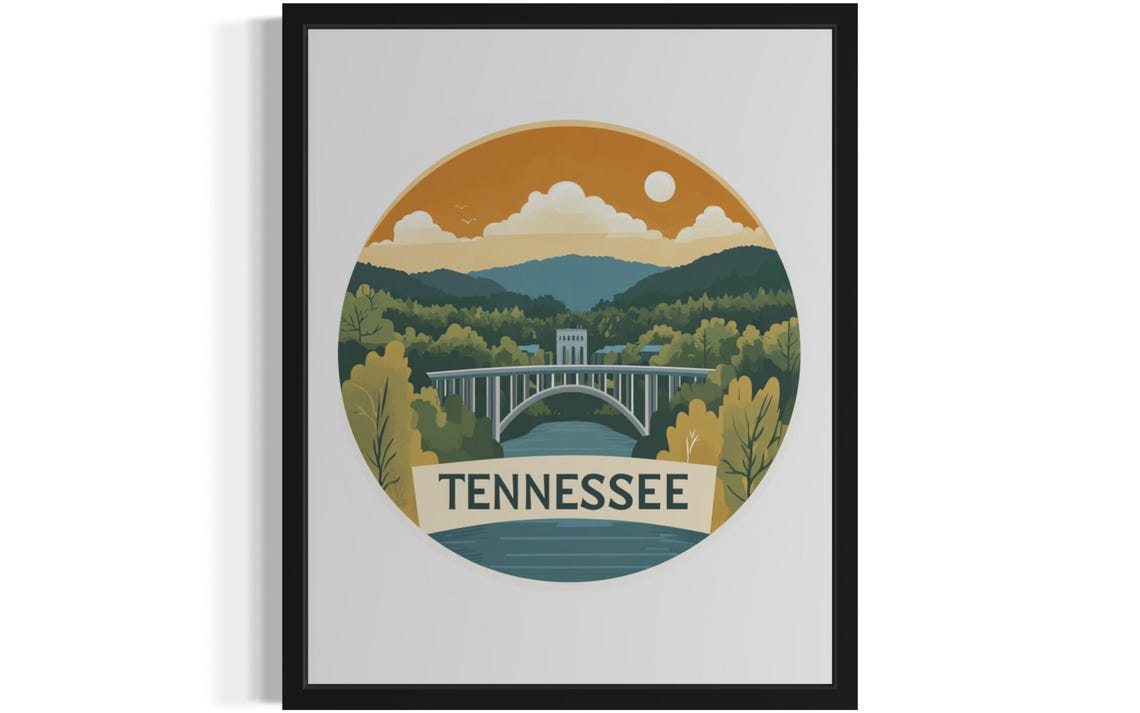 Tennessee Arch Bridge River Sunset Circle Illustration Poster