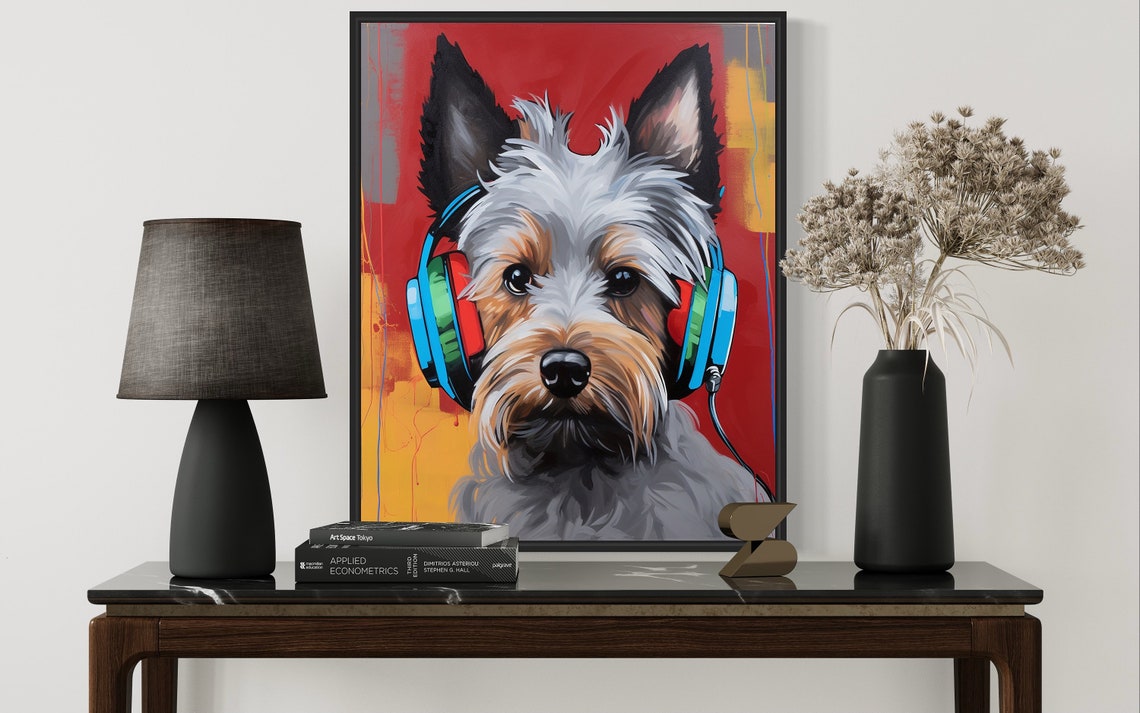 Silky Terrier Dog Wearing Headphones Vivid Red Pop Art Music Poster - Image 3