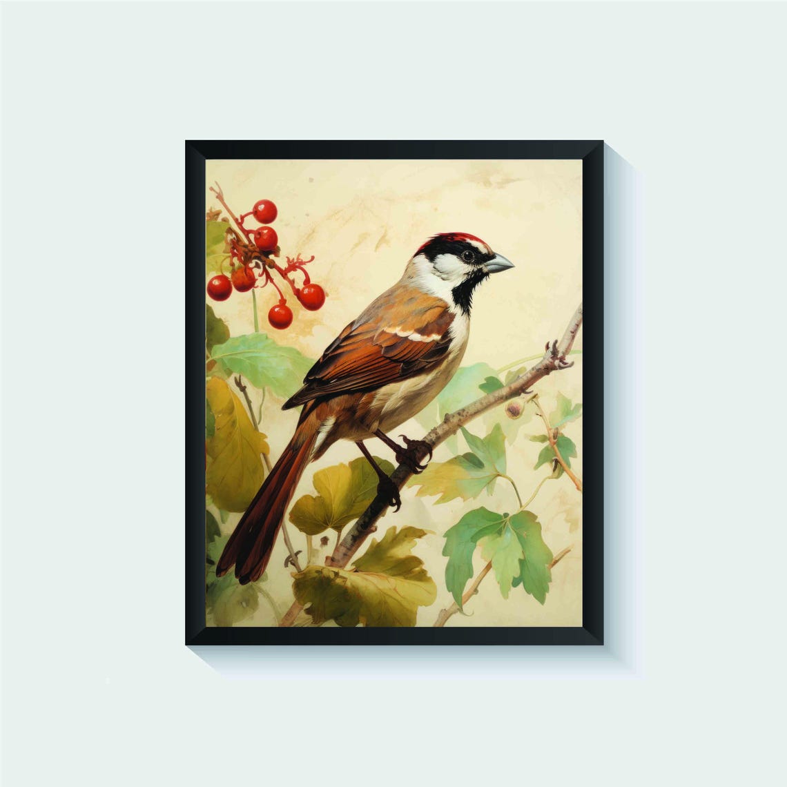 Sparrow Songbird Perched With Red Berries Vintage Bird Poster