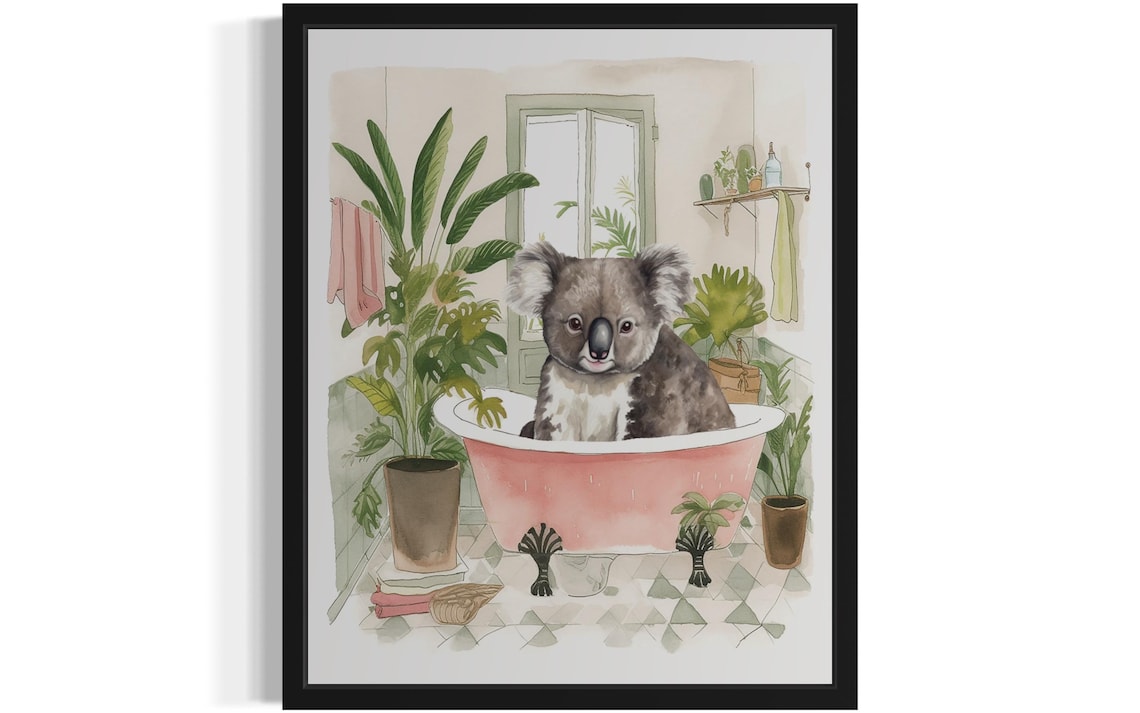 Cute Koala Sitting in a Pink Bathtub Bathroom Decor Art Poster