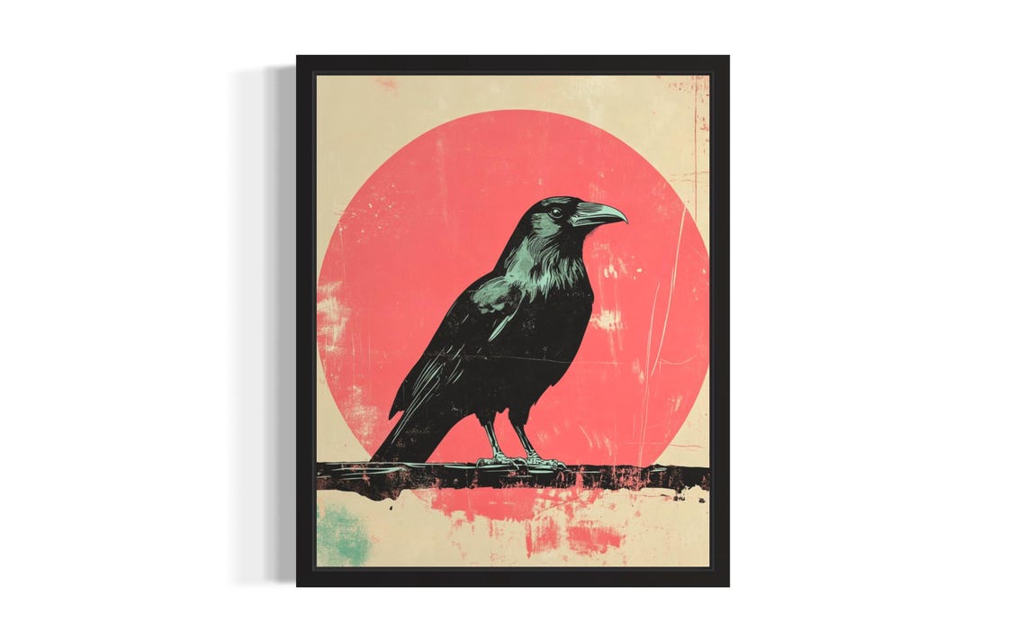 Crow On Pink Sun Pop Art Vintage Bird Portrait Bold Graphic Poster