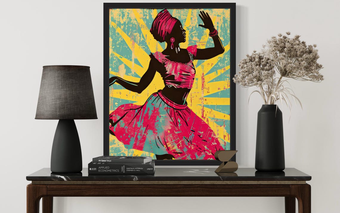 African Dancer Silhouette Vintage Magenta and Teal Dance Art Poster - Image 2