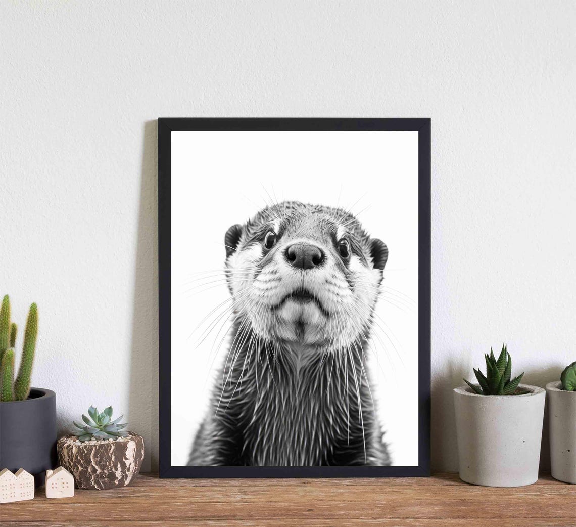 Curious Otter Face Close Up in Black and White Portrait Poster - Image 4