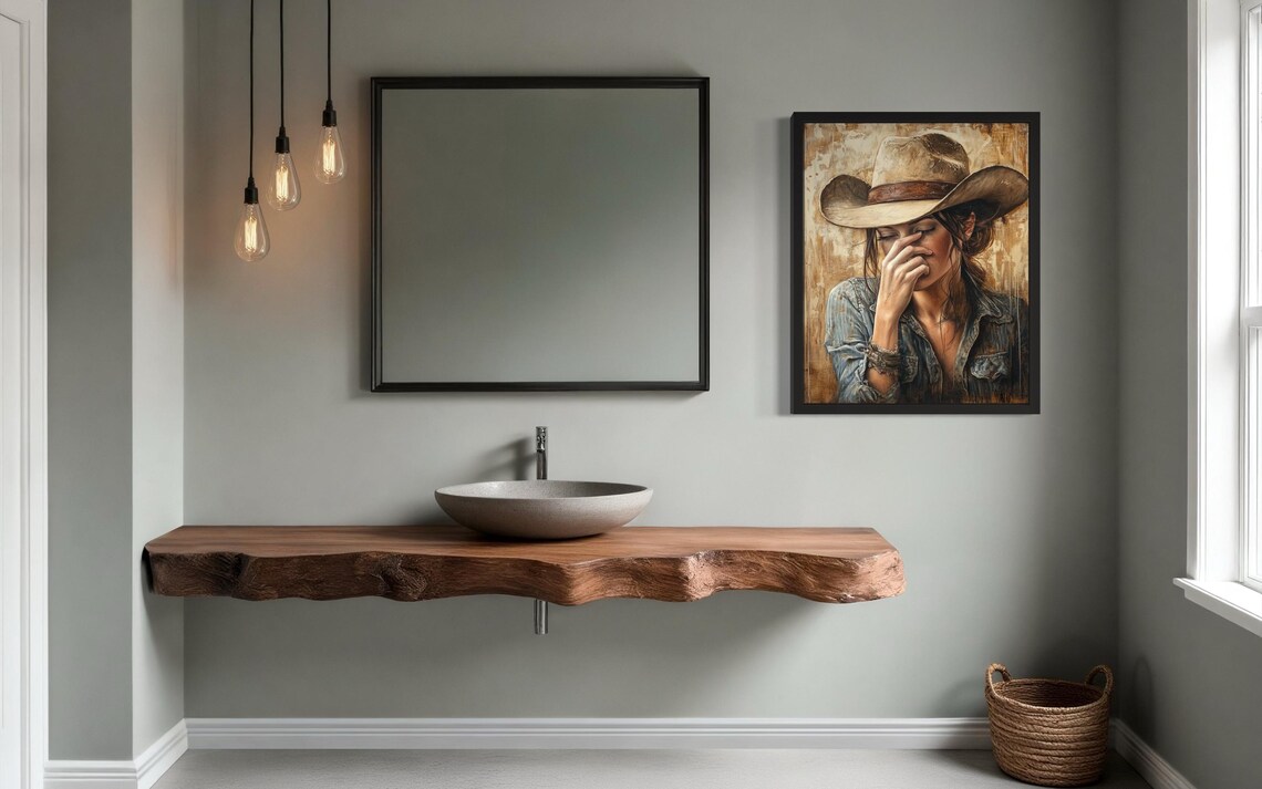 Cowgirl in Denim Shirt and Cowboy Hat Holding Nose Funny Poster - Image 3