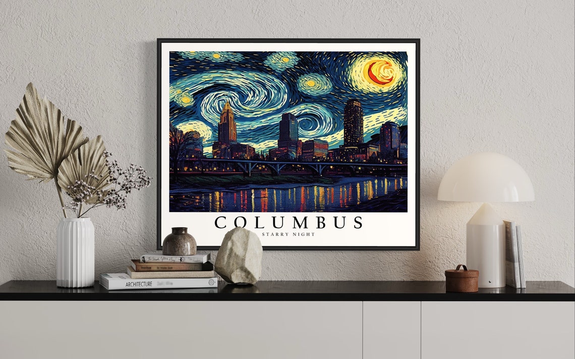 Columbus City Skyline Under Van Gogh Starry Night Sky Art Poster - Image 2