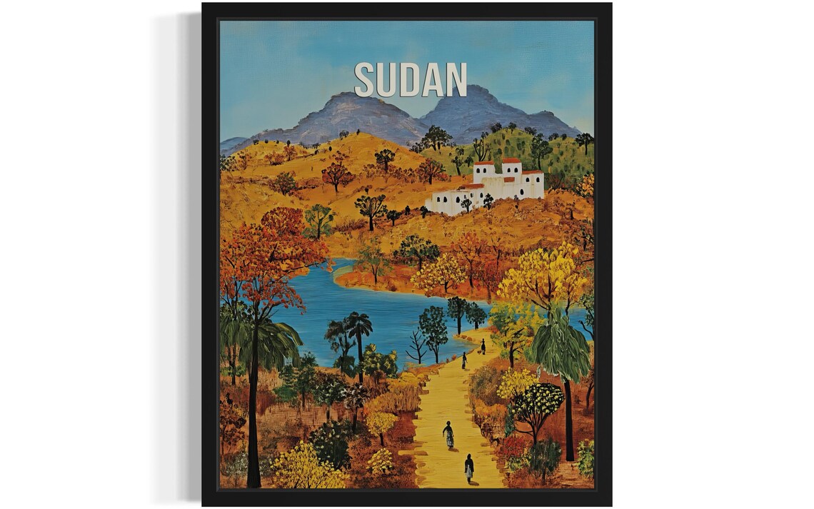 Sudan Lake Oasis Village Vintage Travel Poster Artwork Scenic