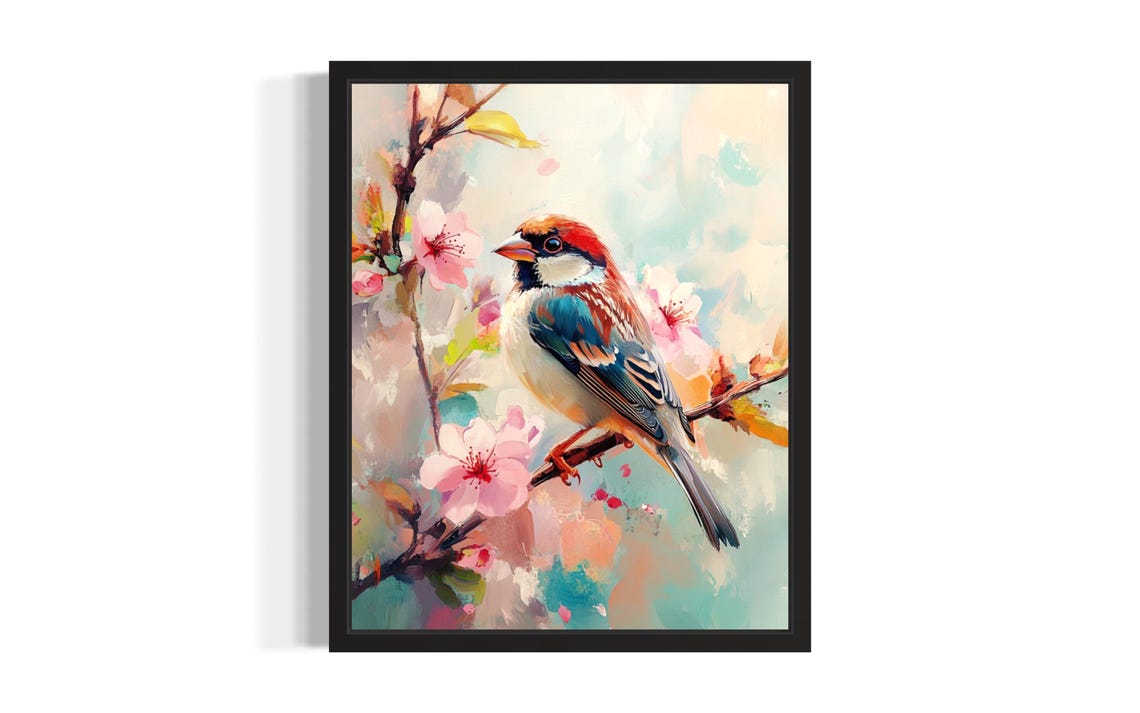 House Sparrow Among Pink Blossoms Spring Songbird Painting Poster
