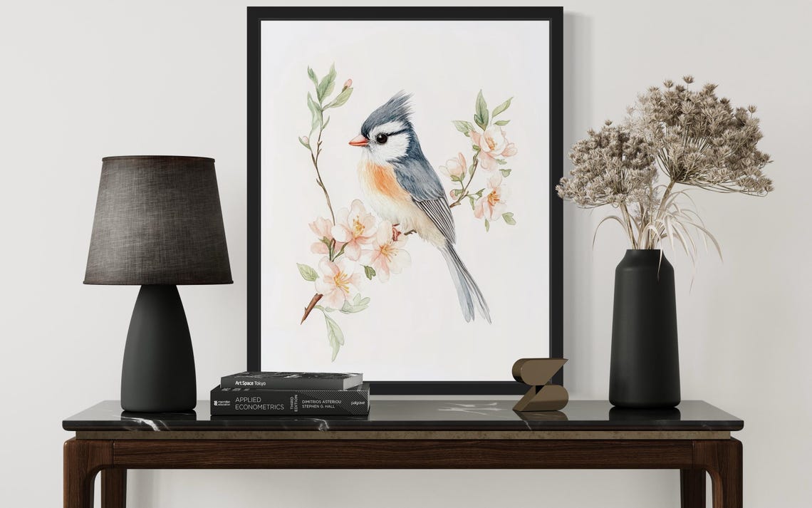 Tufted Titmouse On Blossom Branch Watercolor Bird Art Poster - Image 2