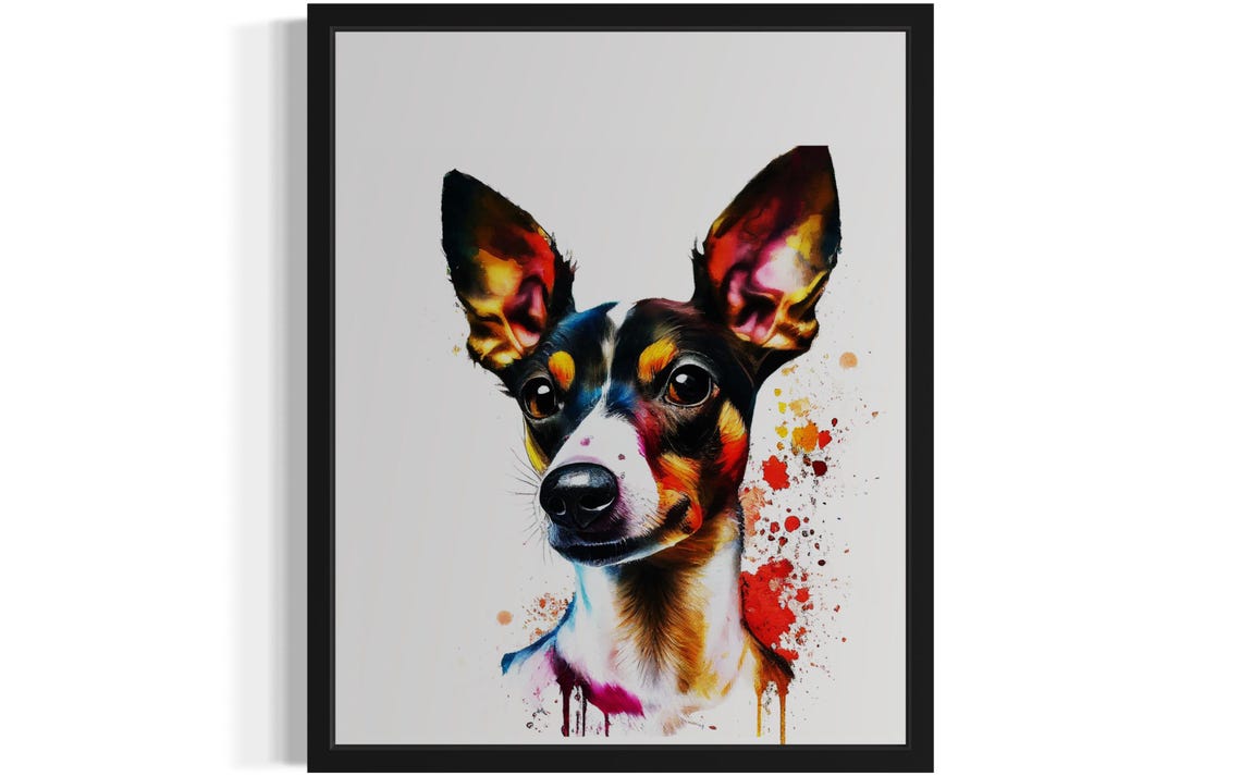 Alert Rat Terrier Dog Vibrant Rainbow Watercolor Portrait Poster