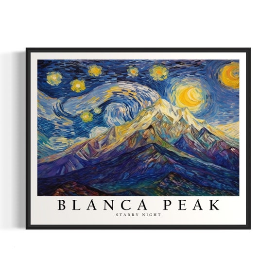 Blanca Peak Mountain Starry Night Art Print Van Gogh Style Poster Wall Art Original Painting Decor