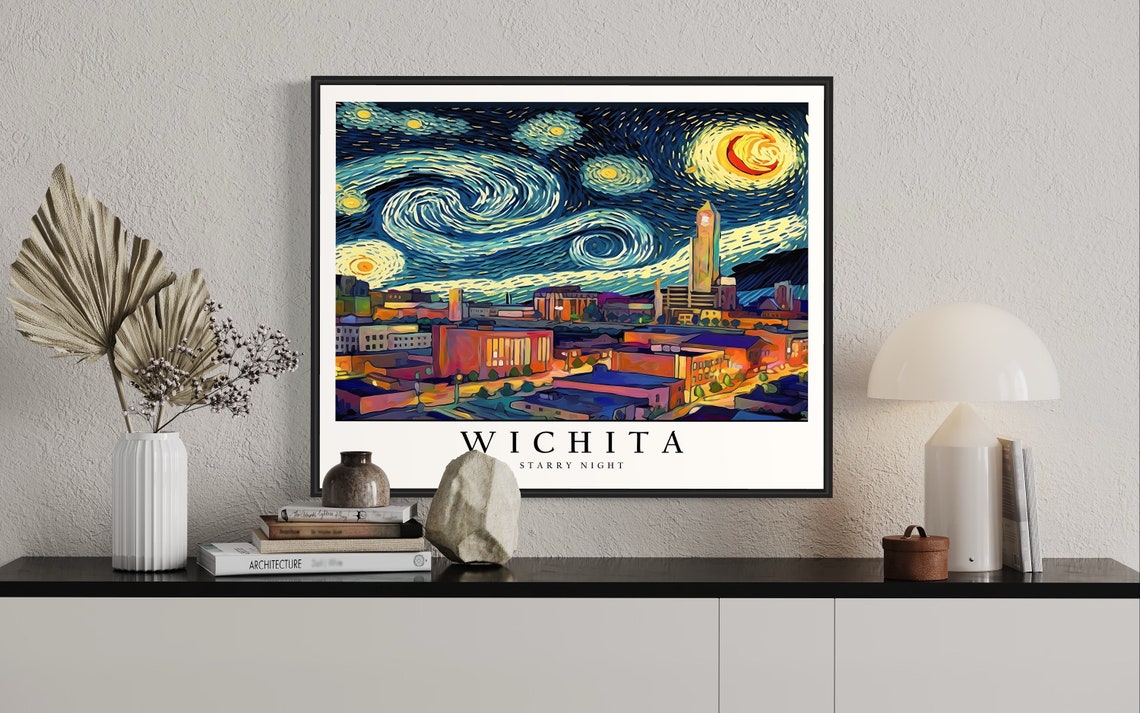Wichita Starry Night Downtown Rooftops Under Moonlit Sky Poster - Image 2