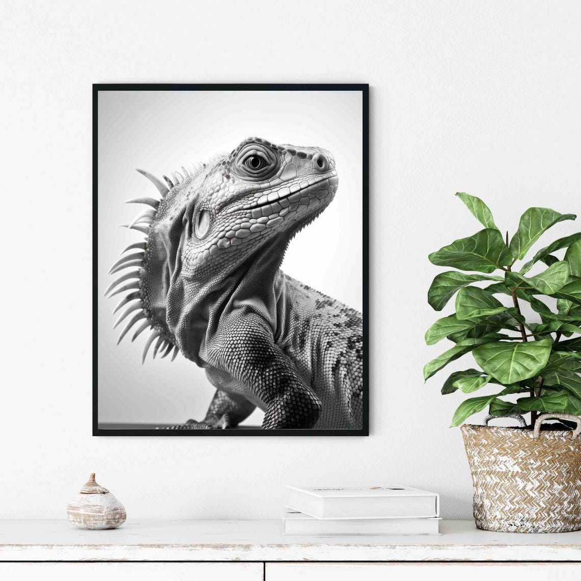Striking Iguana Close Up Portrait in Black and White Art Poster - Image 4