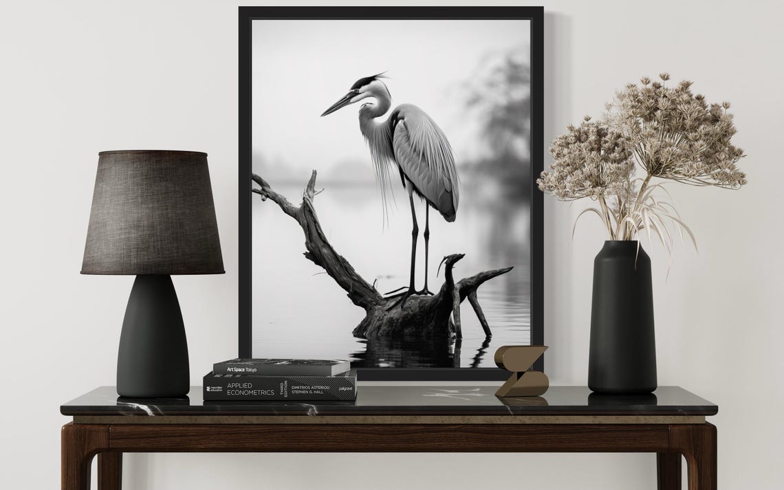 Great Blue Heron Perched on Driftwood Black White Photo Poster - Image 2