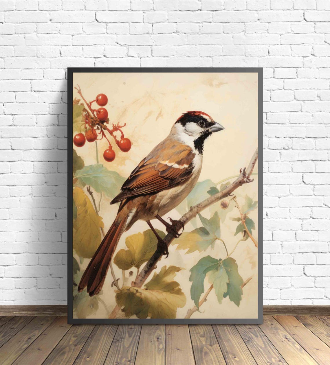 Sparrow Songbird Perched With Red Berries Vintage Bird Poster - Image 2